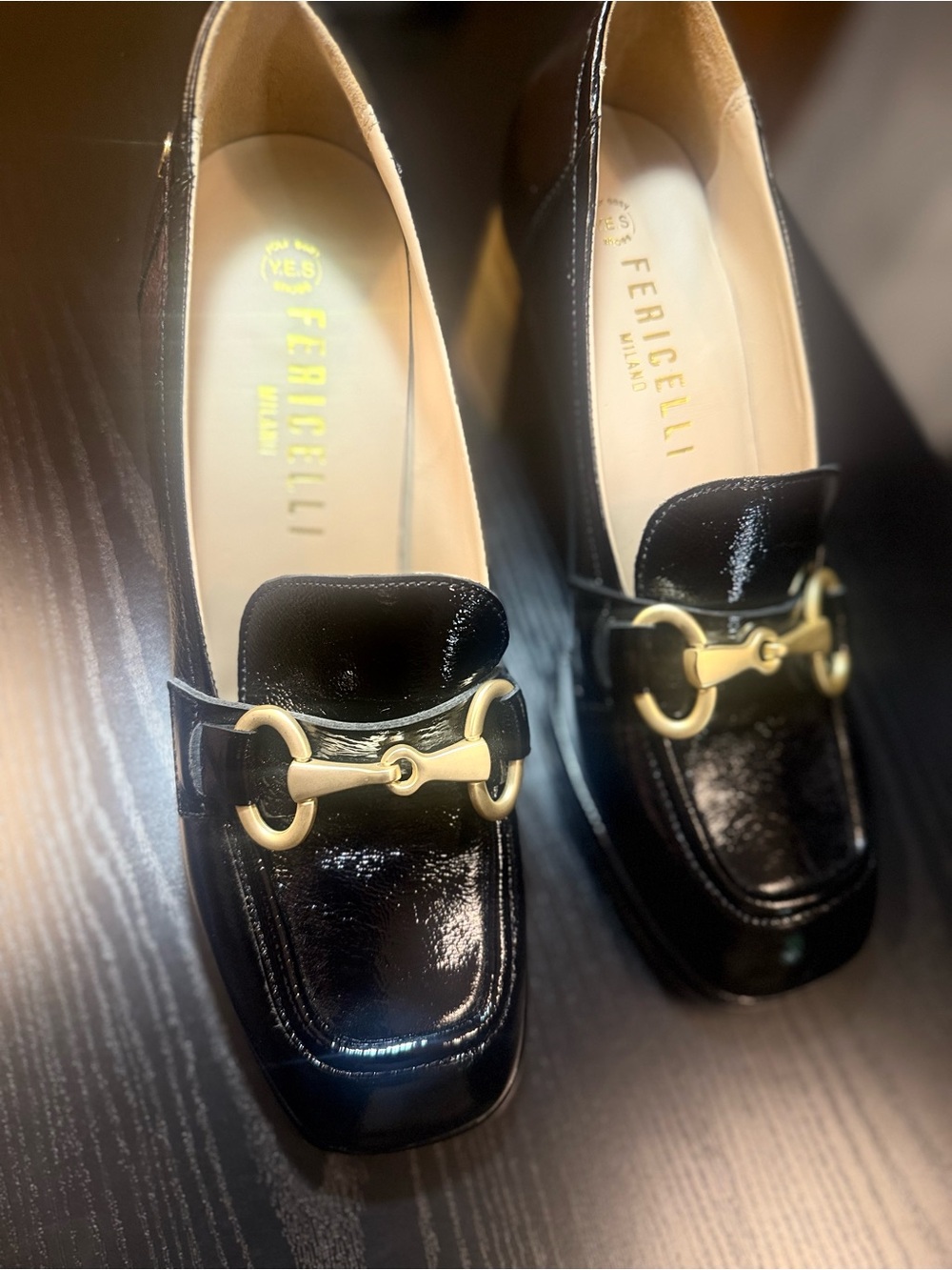 Ferricelli Milano Black Patent Leather Heels – Gold Horsebit Accent – Size 10.5
